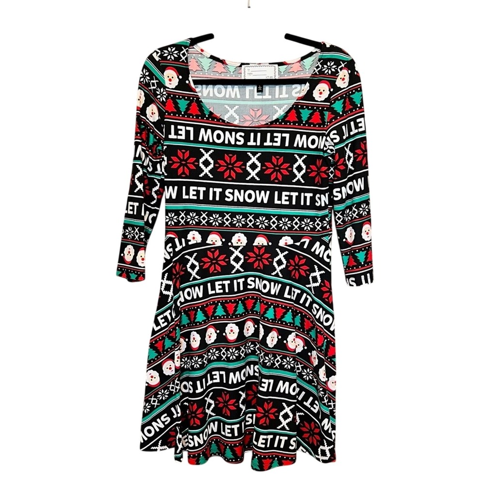 Holiday Christmas Skater Dress L Black Let It Snow Ugly Sweater Argyle Novelty‎